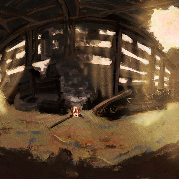 VR painting of a dark room with a fire